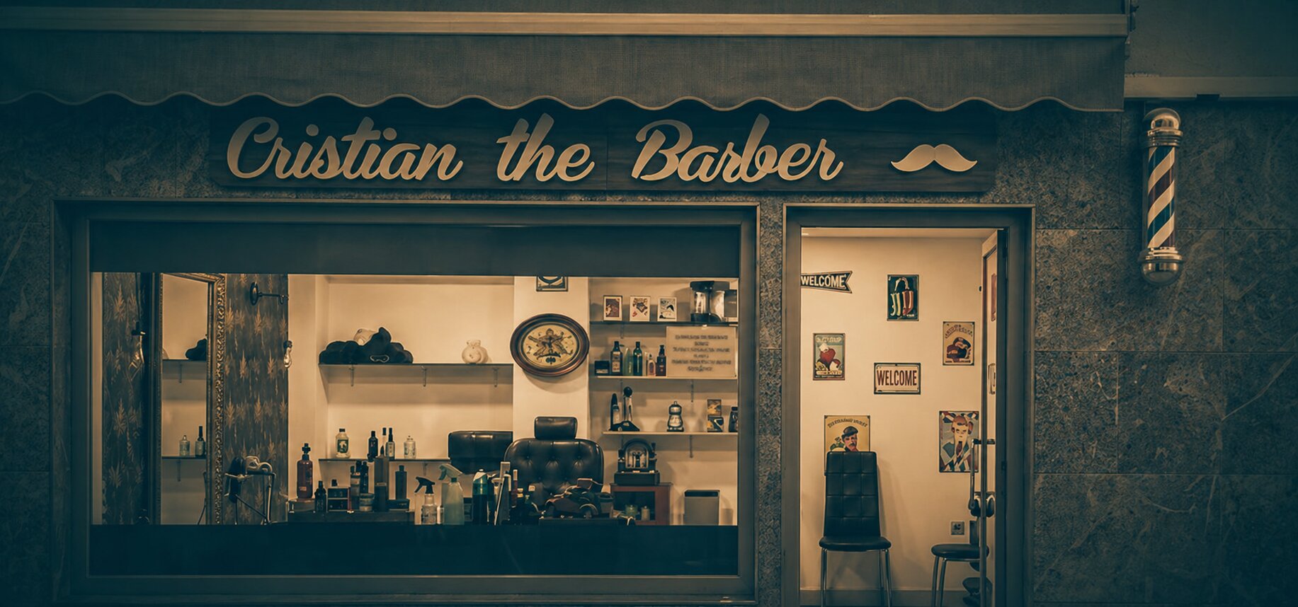 Fotografía de estilo sepia vintage de la fachada de la barbería 'Cristian the Barber'