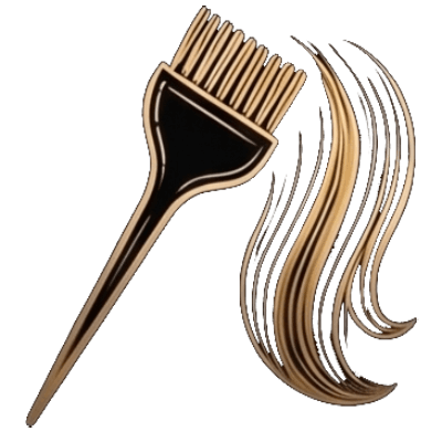 Brocha de tinte y mechón de cabello estilizados con contornos dorados.