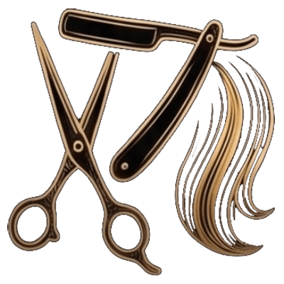 Tijeras, navaja de afeitar y mechón de cabello estilizados con contornos dorados.